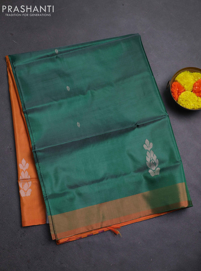 Banana pith saree green and orange with thread woven buttas and contrast border