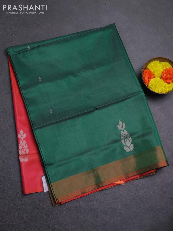 Banana pith saree green and pinklish orange with thread woven buttas and contrast border