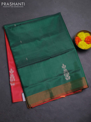 Banana pith saree green and pinklish orange with thread woven buttas and contrast border