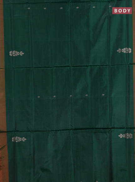 Banana pith saree green and pinklish orange with thread woven buttas and contrast border