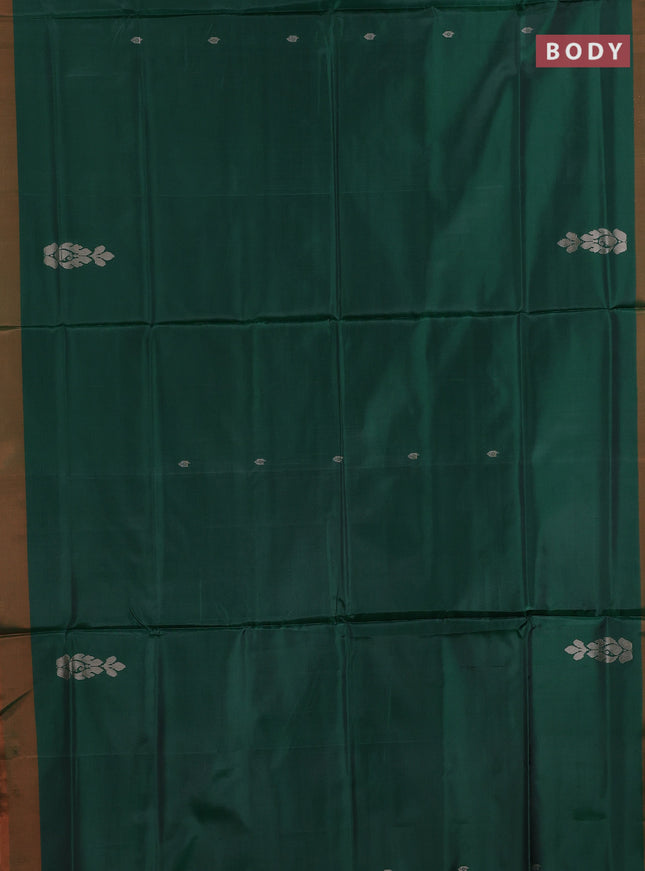 Banana pith saree green and pinklish orange with thread woven buttas and contrast border