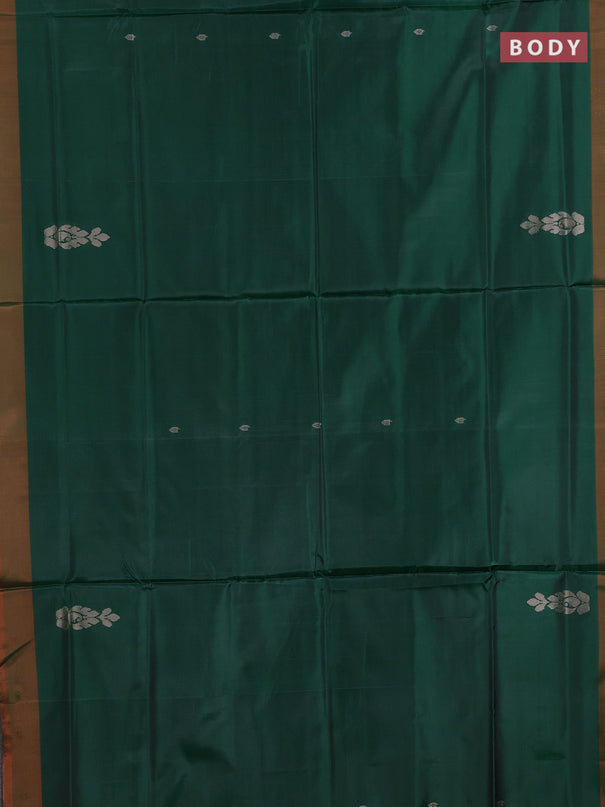 Banana pith saree green and pinklish orange with thread woven buttas and contrast border