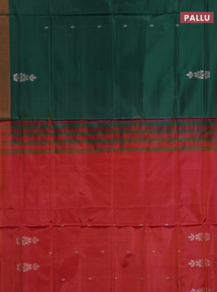 Banana pith saree green and pinklish orange with thread woven buttas and contrast border