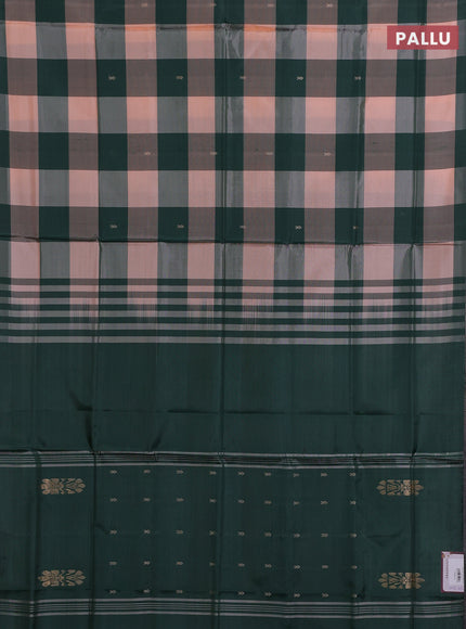 Banana pith saree peach shade and dark green with allover checked pattern in borderless style