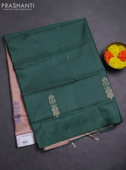 Banana pith saree green and mild peach with thread woven buttas in borderless style