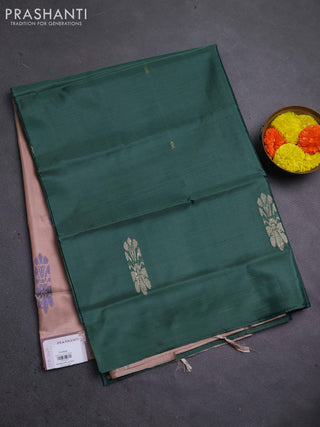 Banana pith saree green and mild peach with thread woven buttas in borderless style