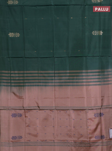 Banana pith saree green and mild peach with thread woven buttas in borderless style