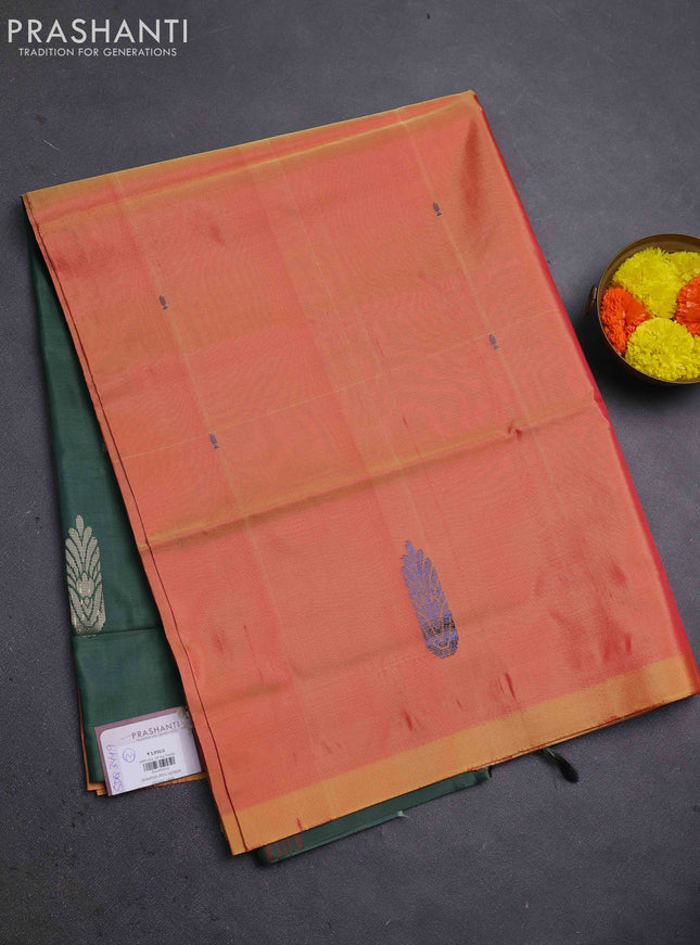 Banana pith saree mustard yellow and sap green with thread woven buttas in borderless style
