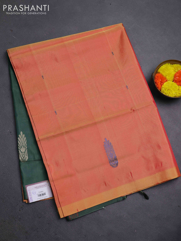 Banana pith saree mustard yellow and sap green with thread woven buttas in borderless style