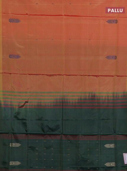Banana pith saree mustard yellow and sap green with thread woven buttas in borderless style