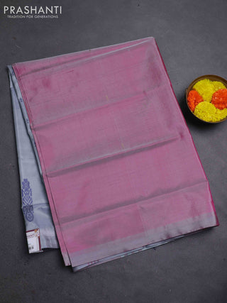 Banana pith saree pink shade and grey with thread woven buttas and contrast border