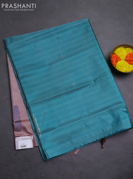 Banana pith saree teal green and pastel brown with thread woven buttas in borderless style