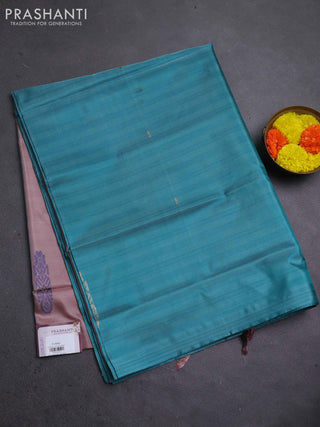 Banana pith saree teal green and pastel brown with thread woven buttas in borderless style