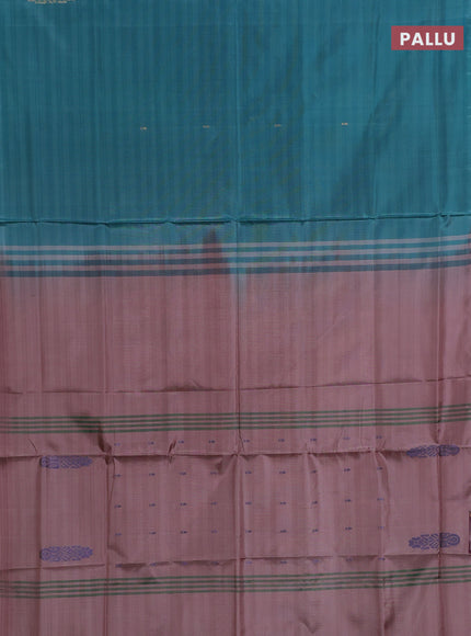 Banana pith saree teal green and pastel brown with thread woven buttas in borderless style