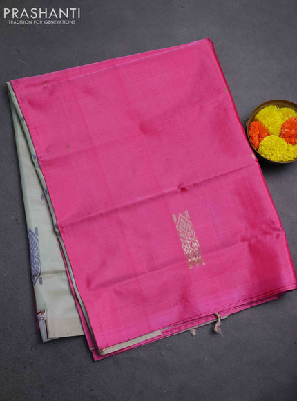 Banana pith saree pink and mild pista green with thread woven buttas in borderless style
