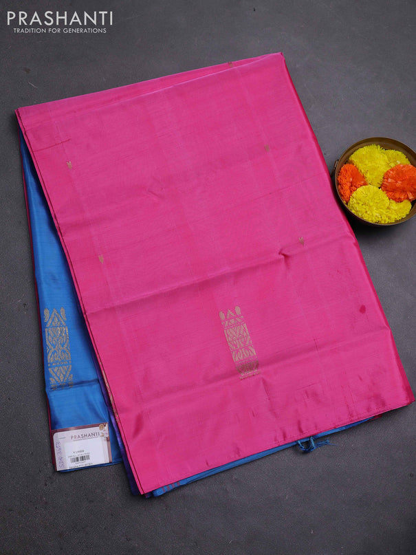 Banana pith saree pink and cs blue with thread woven buttas in borderless style