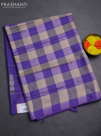 Banana pith saree beige and violet with allover checked pattern in borderless style