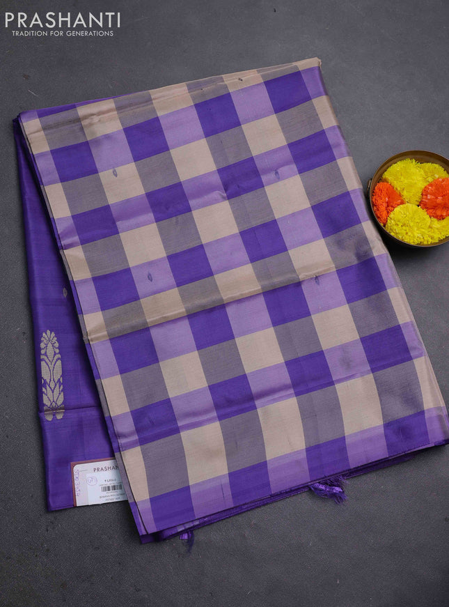 Banana pith saree beige and violet with allover checked pattern in borderless style
