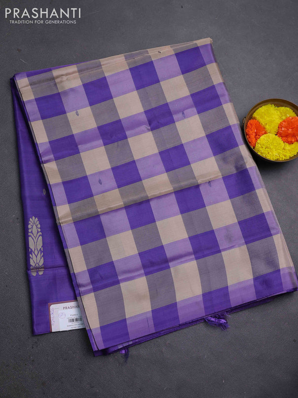 Banana pith saree beige and violet with allover checked pattern in borderless style