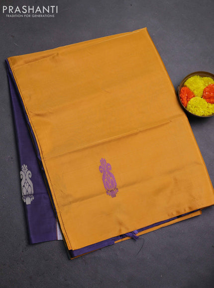 Banana pith saree mango yellow and navy blue with thread woven buttas in borderless style