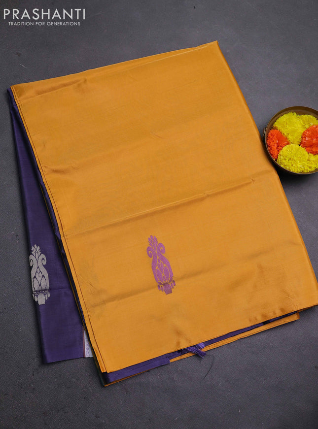 Banana pith saree mango yellow and navy blue with thread woven buttas in borderless style