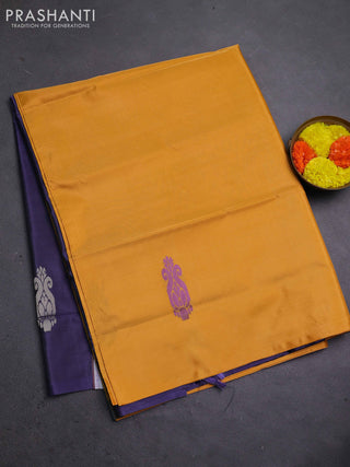 Banana pith saree mango yellow and navy blue with thread woven buttas in borderless style