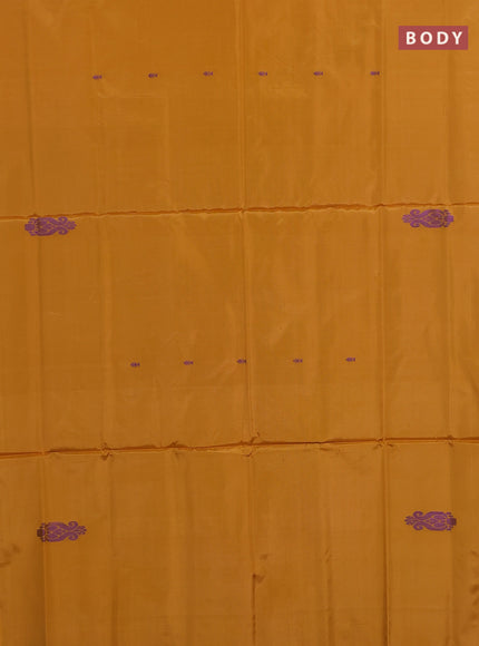 Banana pith saree mango yellow and navy blue with thread woven buttas in borderless style