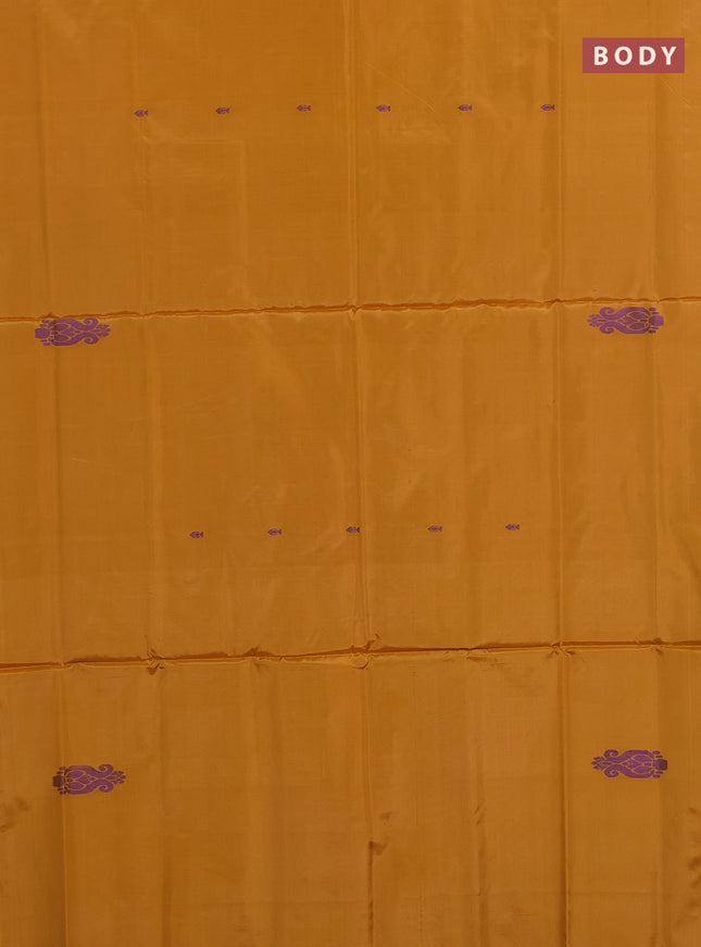 Banana pith saree mango yellow and navy blue with thread woven buttas in borderless style
