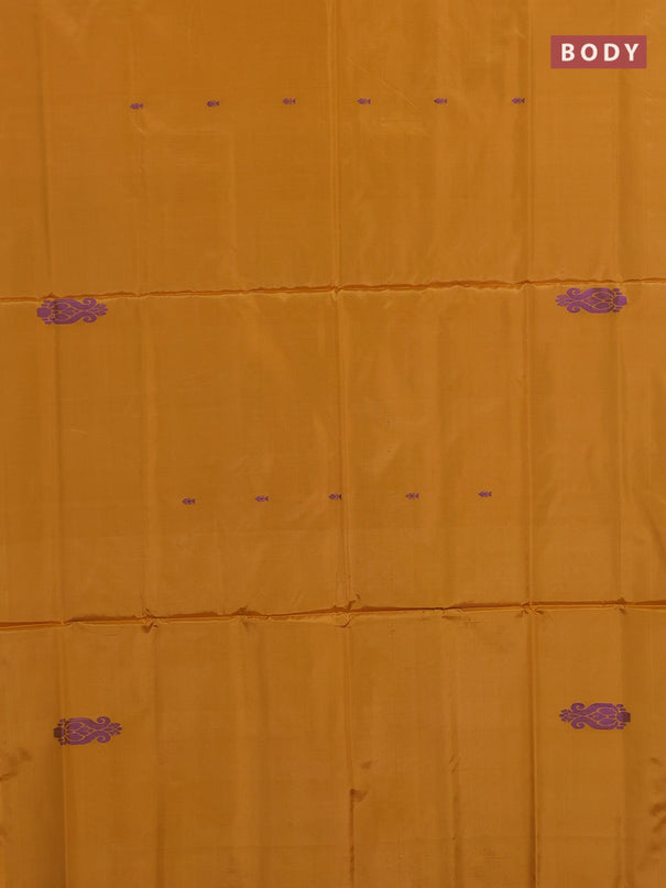Banana pith saree mango yellow and navy blue with thread woven buttas in borderless style