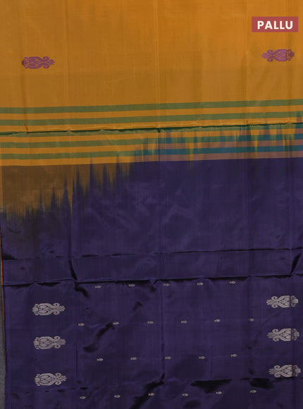 Banana pith saree mango yellow and navy blue with thread woven buttas in borderless style