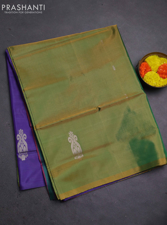 Banana pith saree mehendi green and violet with thread woven buttas in borderless style