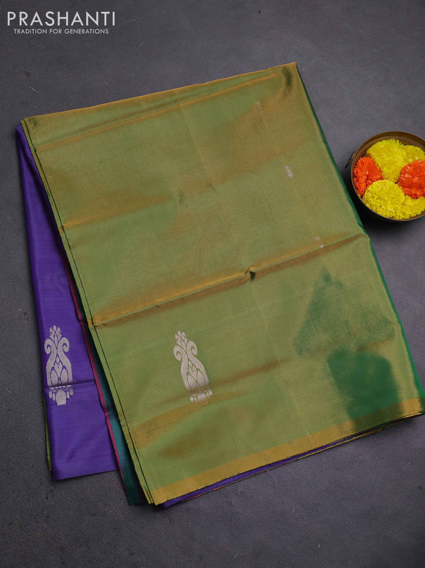 Banana pith saree mehendi green and violet with thread woven buttas in borderless style