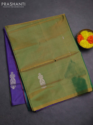 Banana pith saree mehendi green and violet with thread woven buttas in borderless style