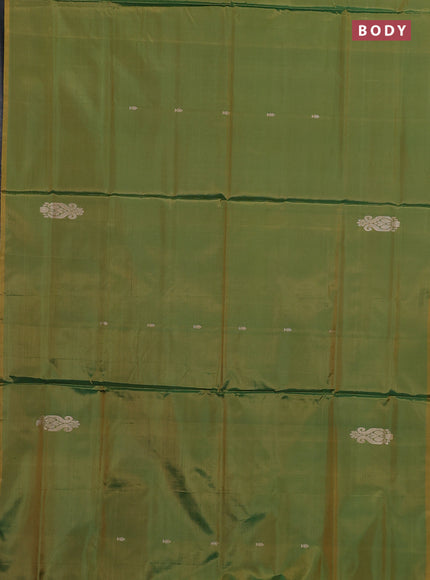 Banana pith saree mehendi green and violet with thread woven buttas in borderless style