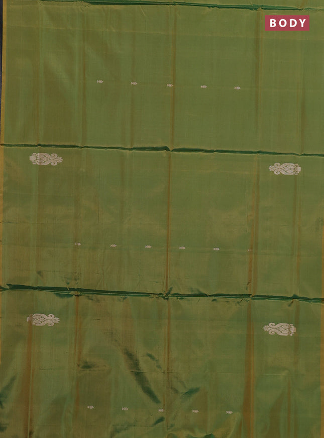 Banana pith saree mehendi green and violet with thread woven buttas in borderless style