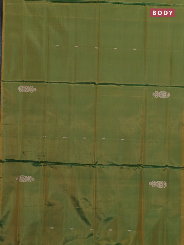 Banana pith saree mehendi green and violet with thread woven buttas in borderless style