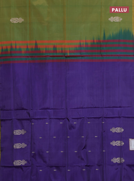 Banana pith saree mehendi green and violet with thread woven buttas in borderless style
