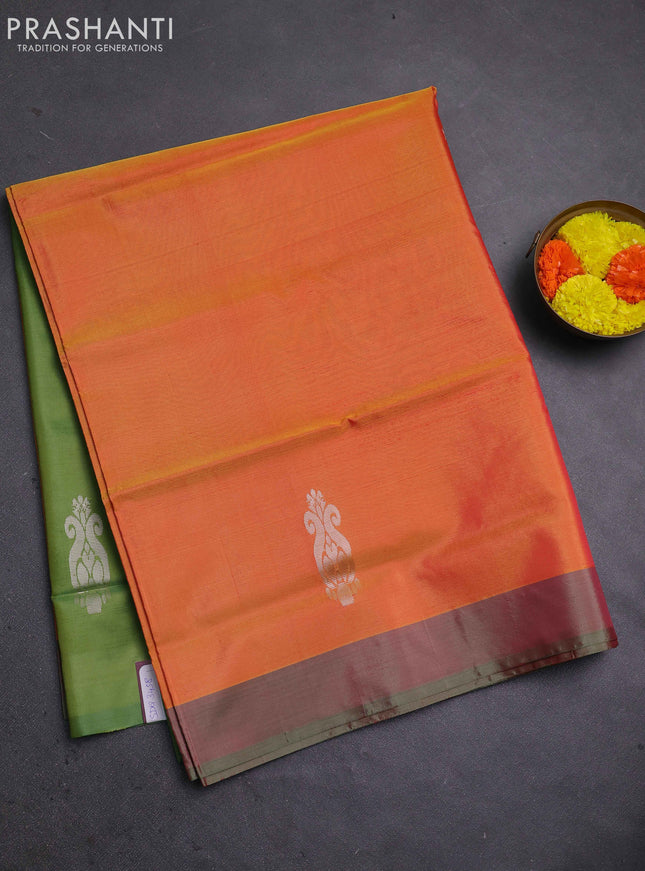 Banana pith saree orange and sap green with thread woven buttas and contrast border
