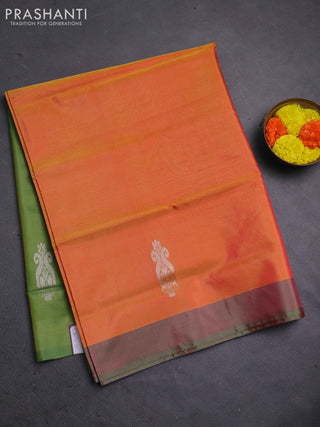 Banana pith saree orange and sap green with thread woven buttas and contrast border