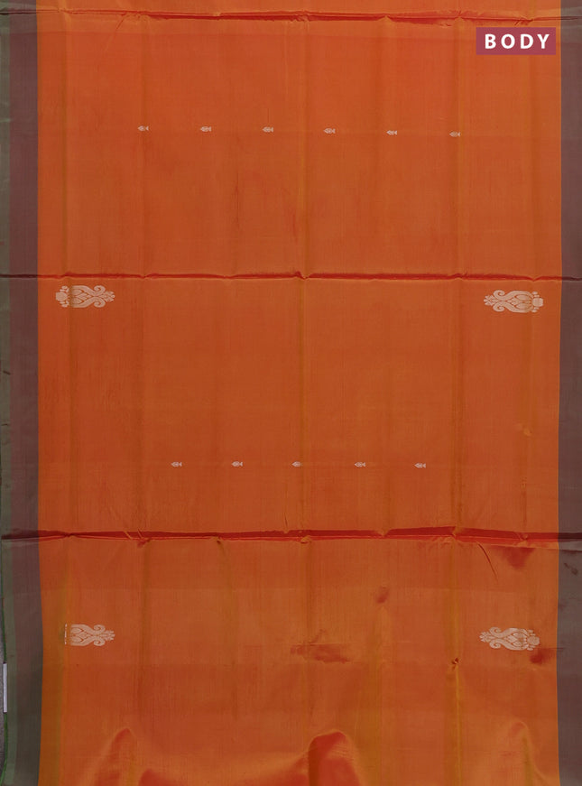 Banana pith saree orange and sap green with thread woven buttas and contrast border