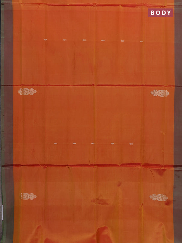 Banana pith saree orange and sap green with thread woven buttas and contrast border