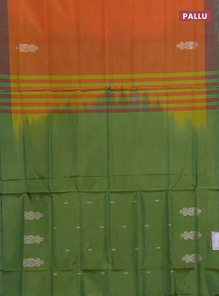 Banana pith saree orange and sap green with thread woven buttas and contrast border