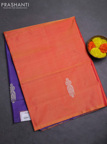 Banana pith saree orange and blue with thread woven buttas in borderless style