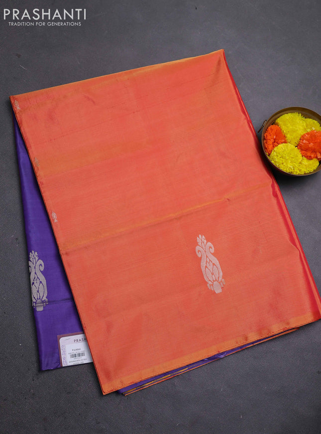 Banana pith saree orange and blue with thread woven buttas in borderless style