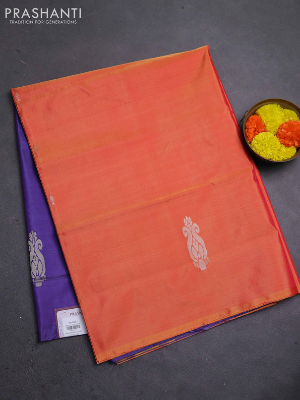 Banana pith saree orange and blue with thread woven buttas in borderless style