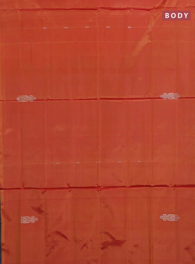 Banana pith saree orange and blue with thread woven buttas in borderless style