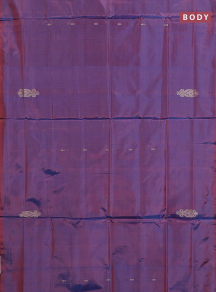 Banana pith saree dual shade of blue and maroon with thread woven buttas in borderless style