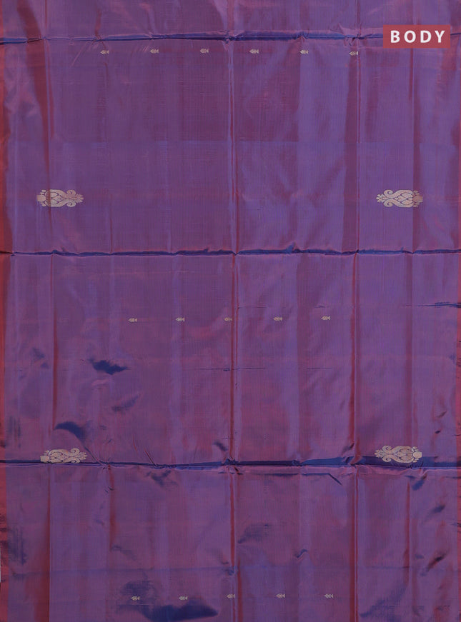 Banana pith saree dual shade of blue and maroon with thread woven buttas in borderless style