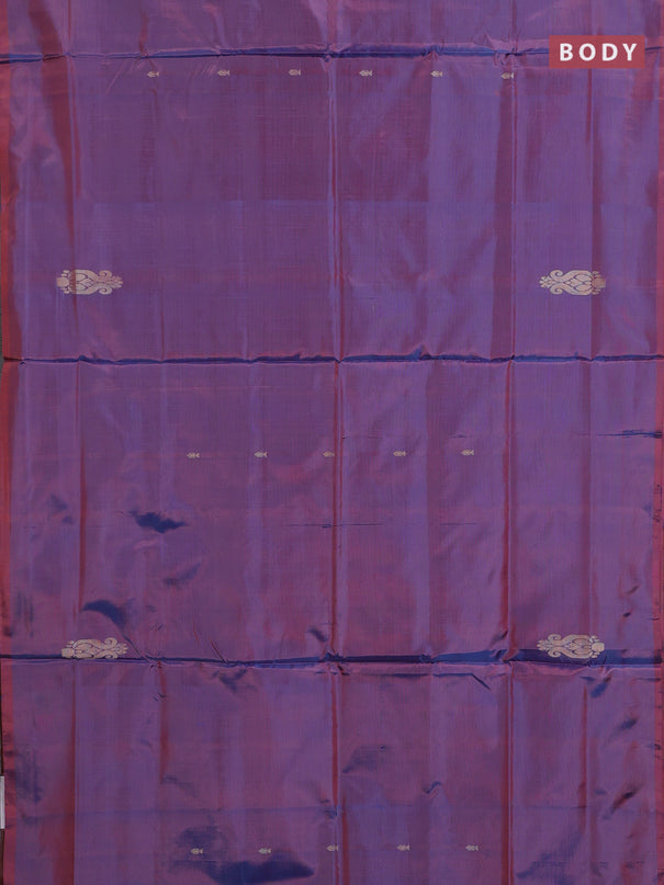 Banana pith saree dual shade of blue and maroon with thread woven buttas in borderless style