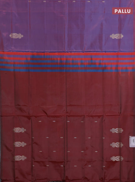 Banana pith saree dual shade of blue and maroon with thread woven buttas in borderless style